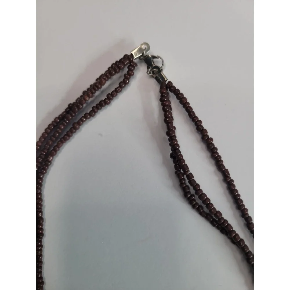 Brown Multi Strand Beaded Necklace Silver Tone Boho Statement Tribal Style